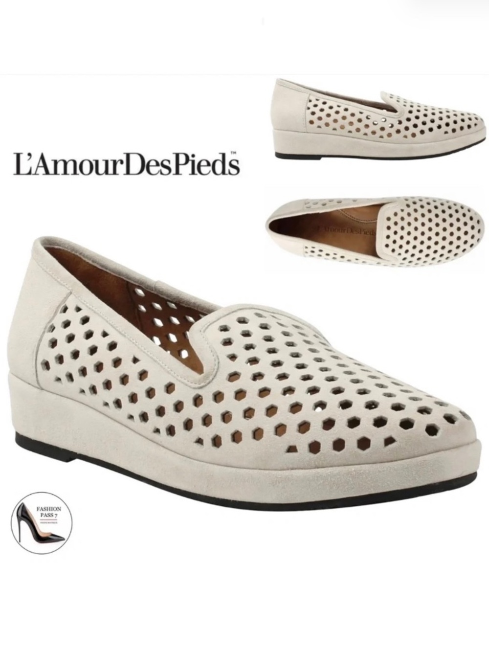 L'AMOUR DES PIEDS Clemence Beige Suede Perforated Wedge Loafer Comfy Flat Shoe 8